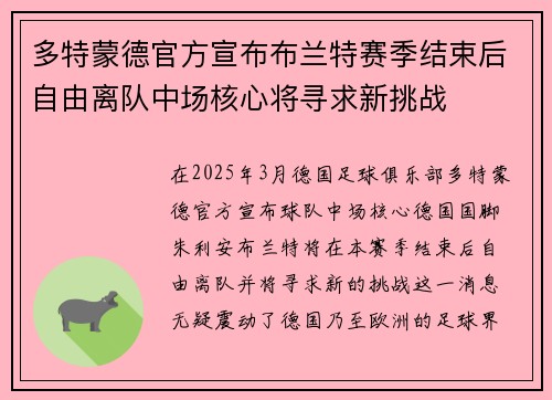 多特蒙德官方宣布布兰特赛季结束后自由离队中场核心将寻求新挑战